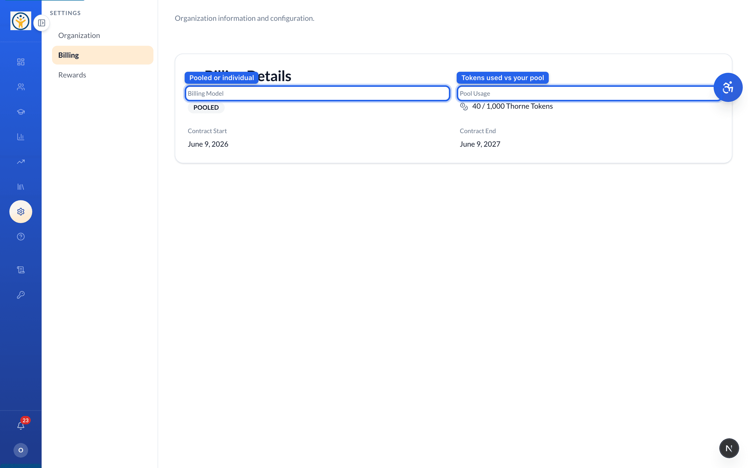 Billing settings showing pool usage and contract term