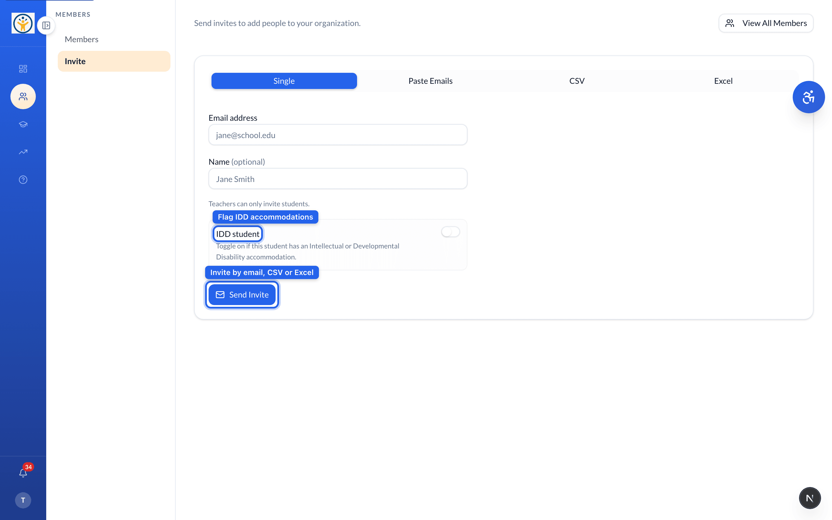 The Members → Invite screen with single and bulk options