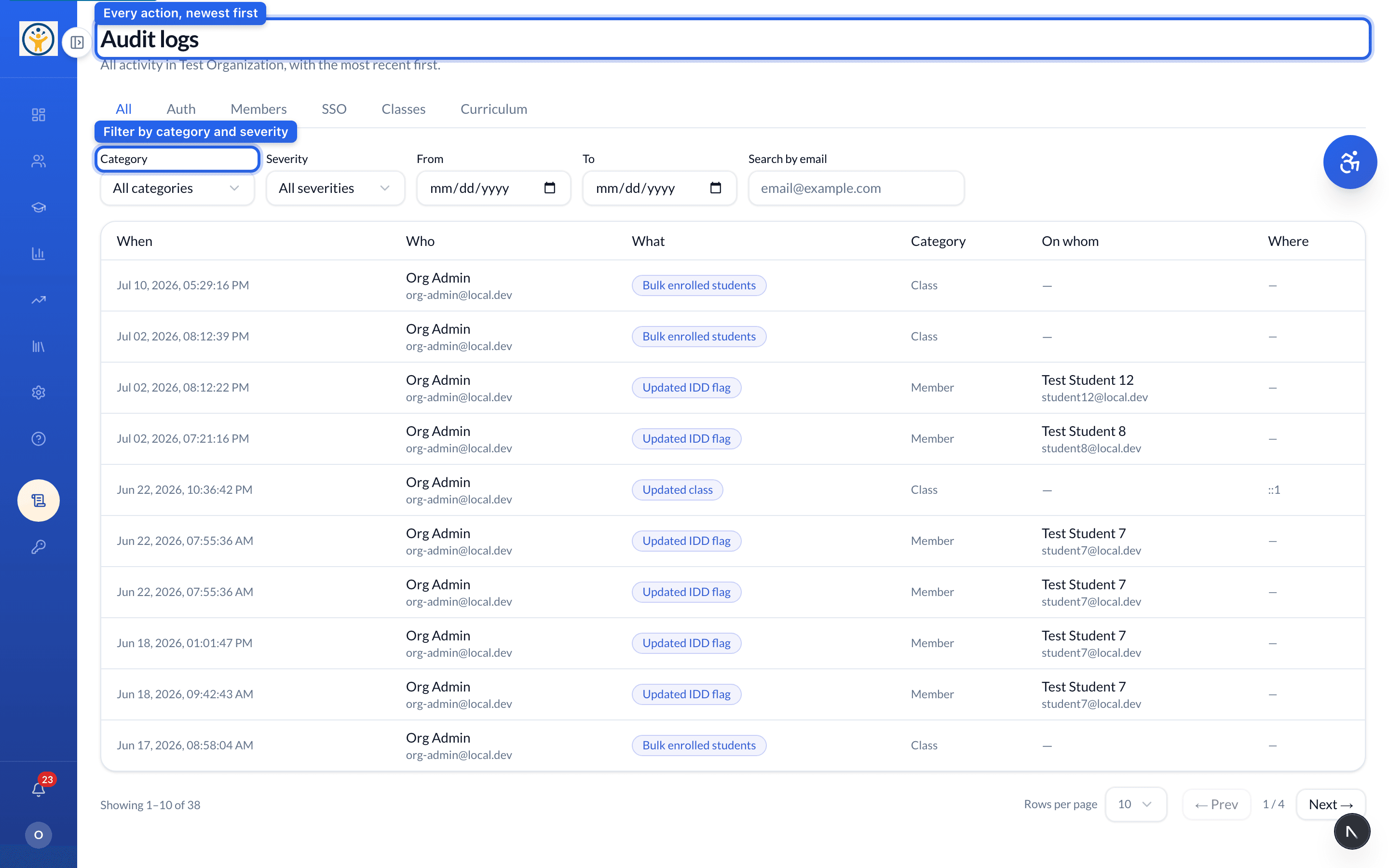 Organization audit log with category and severity filters