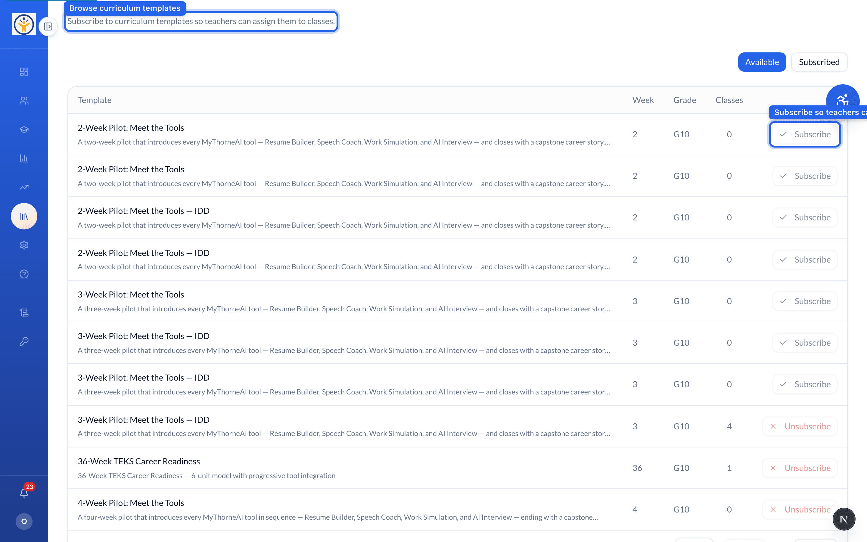 Curriculum subscriptions with Subscribe buttons