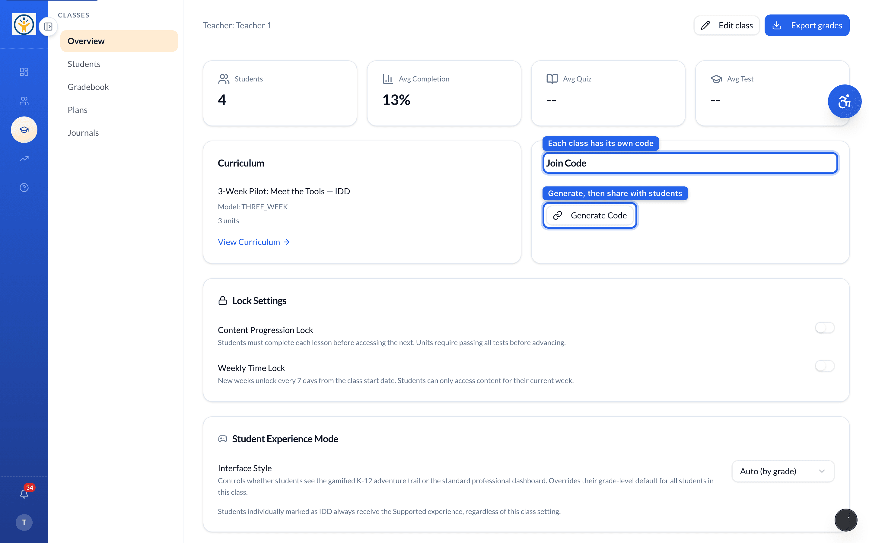 The Join Code panel on a class Overview with Generate Code