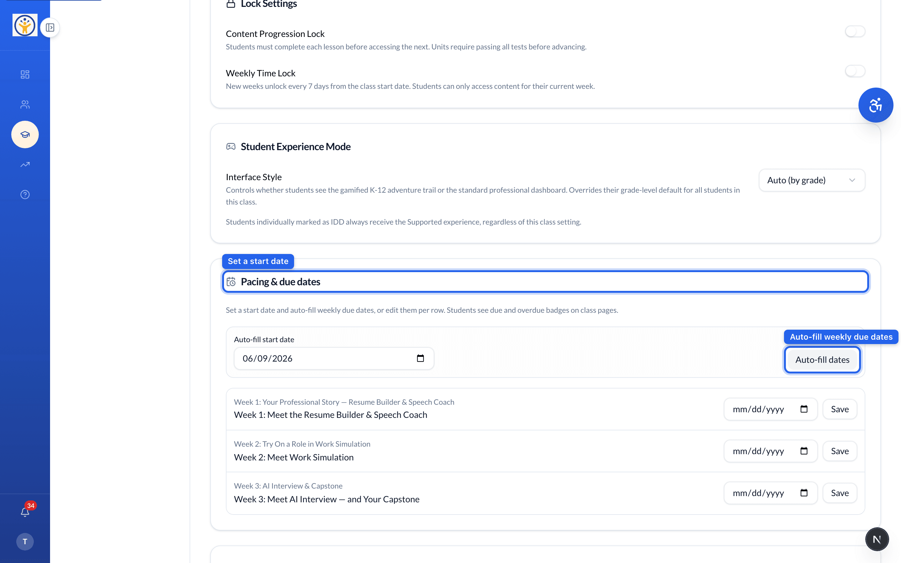 Pacing & due dates on a class Overview with Auto-fill dates