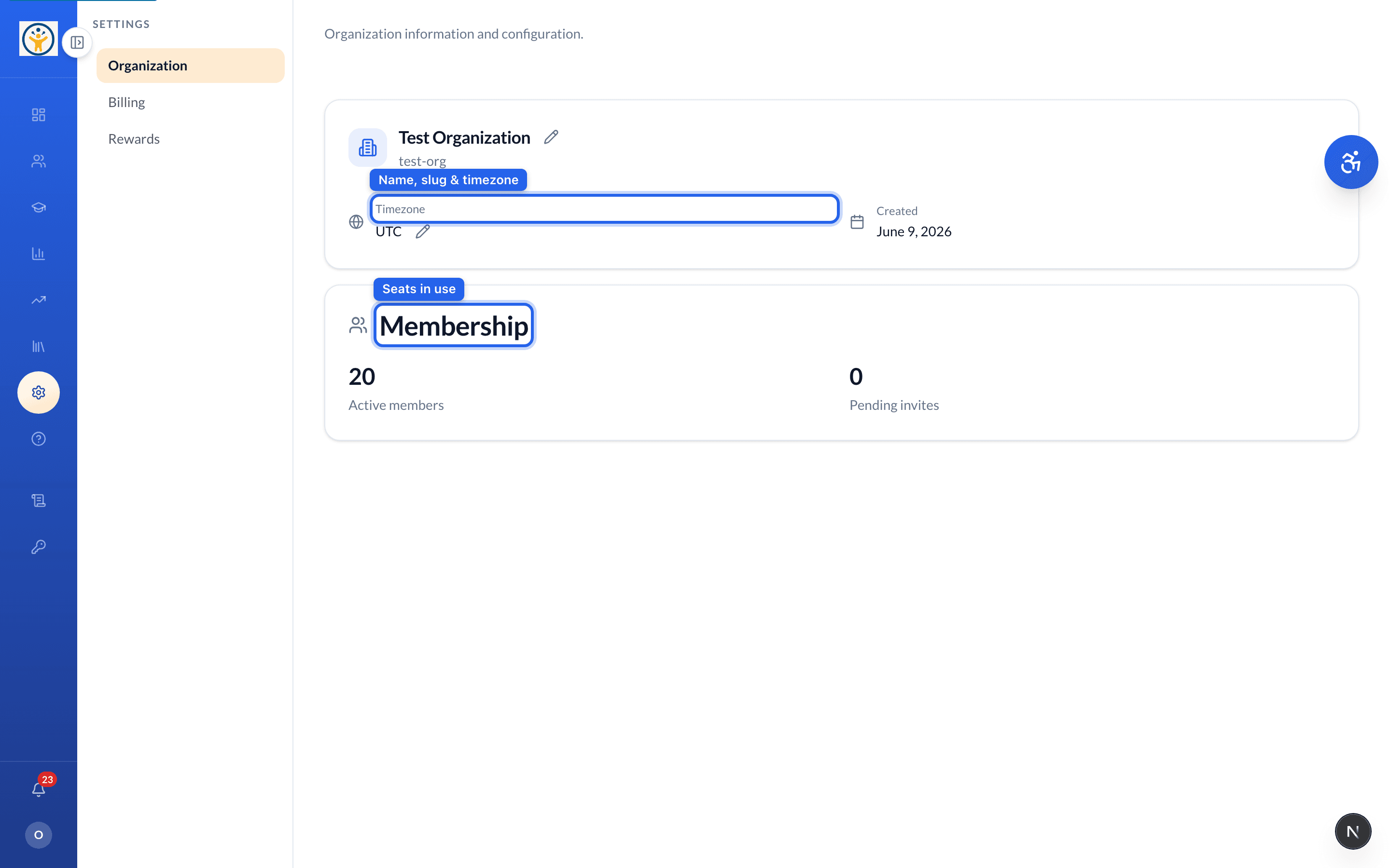 Settings → Organization showing name, timezone, and membership