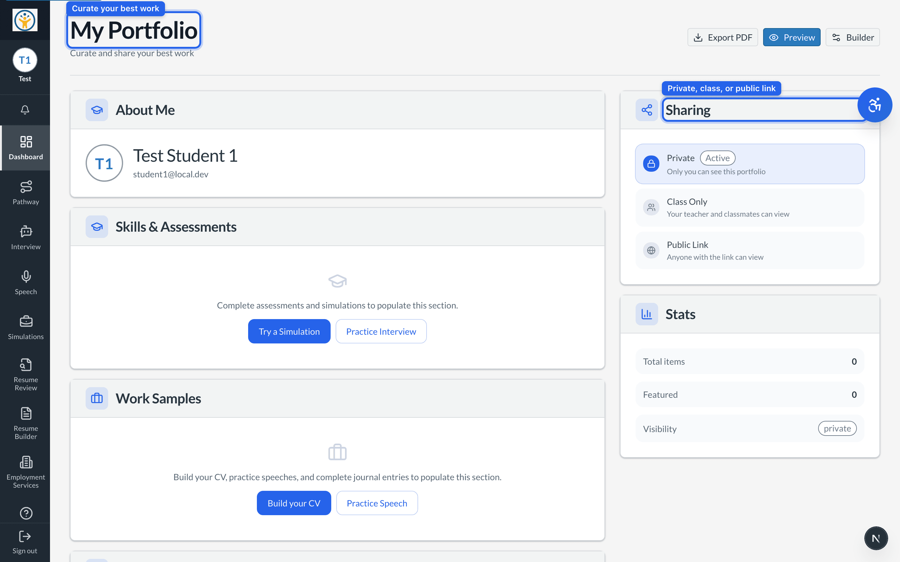 Student portfolio with sections and sharing controls