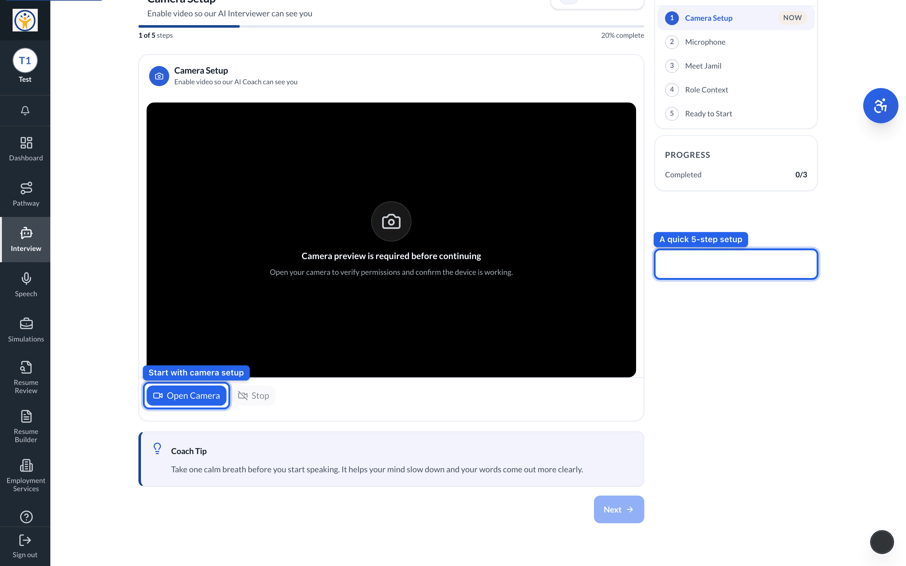 AI Interview new-session setup with the mission checklist