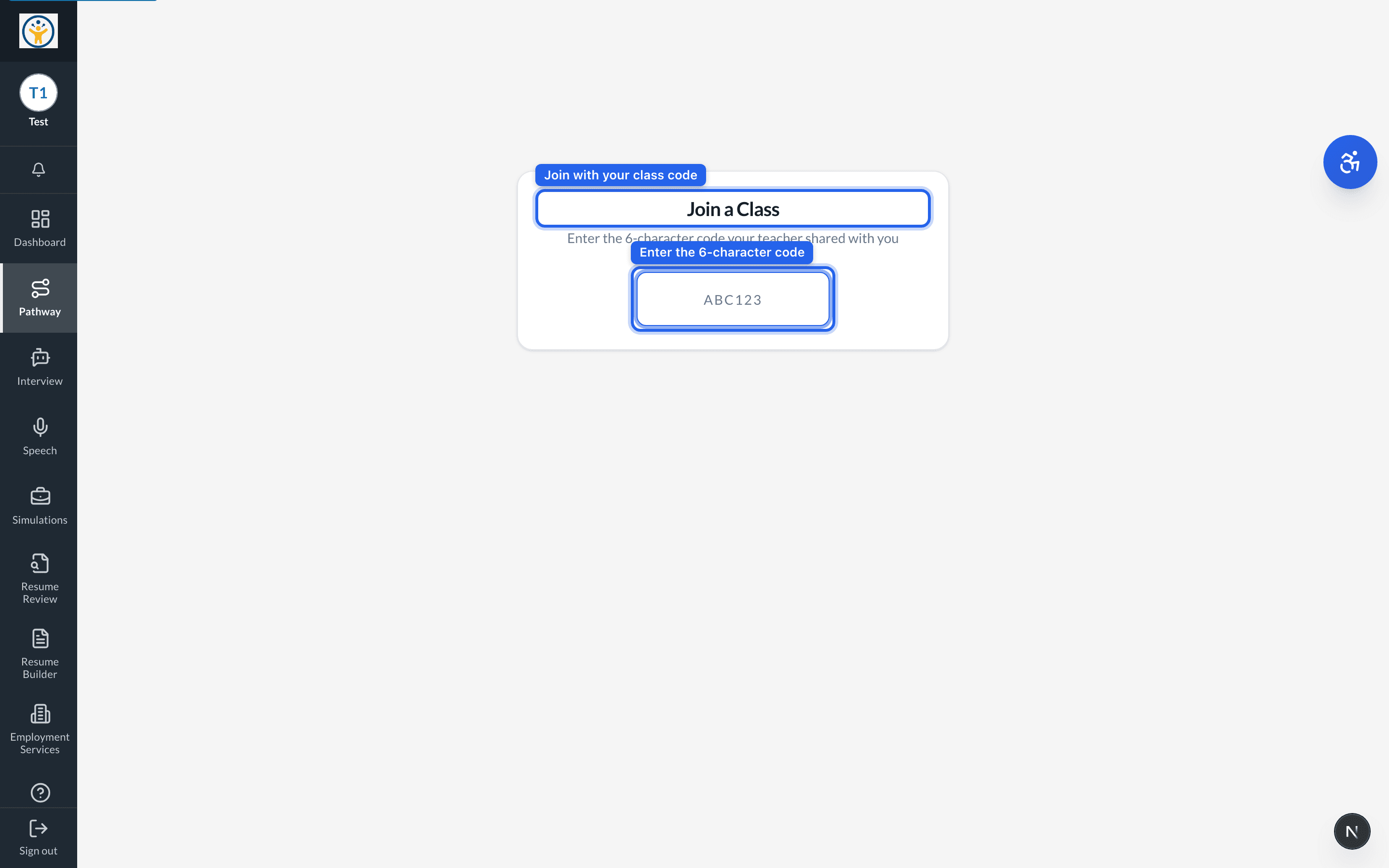 The Join a Class page with the six-character code field