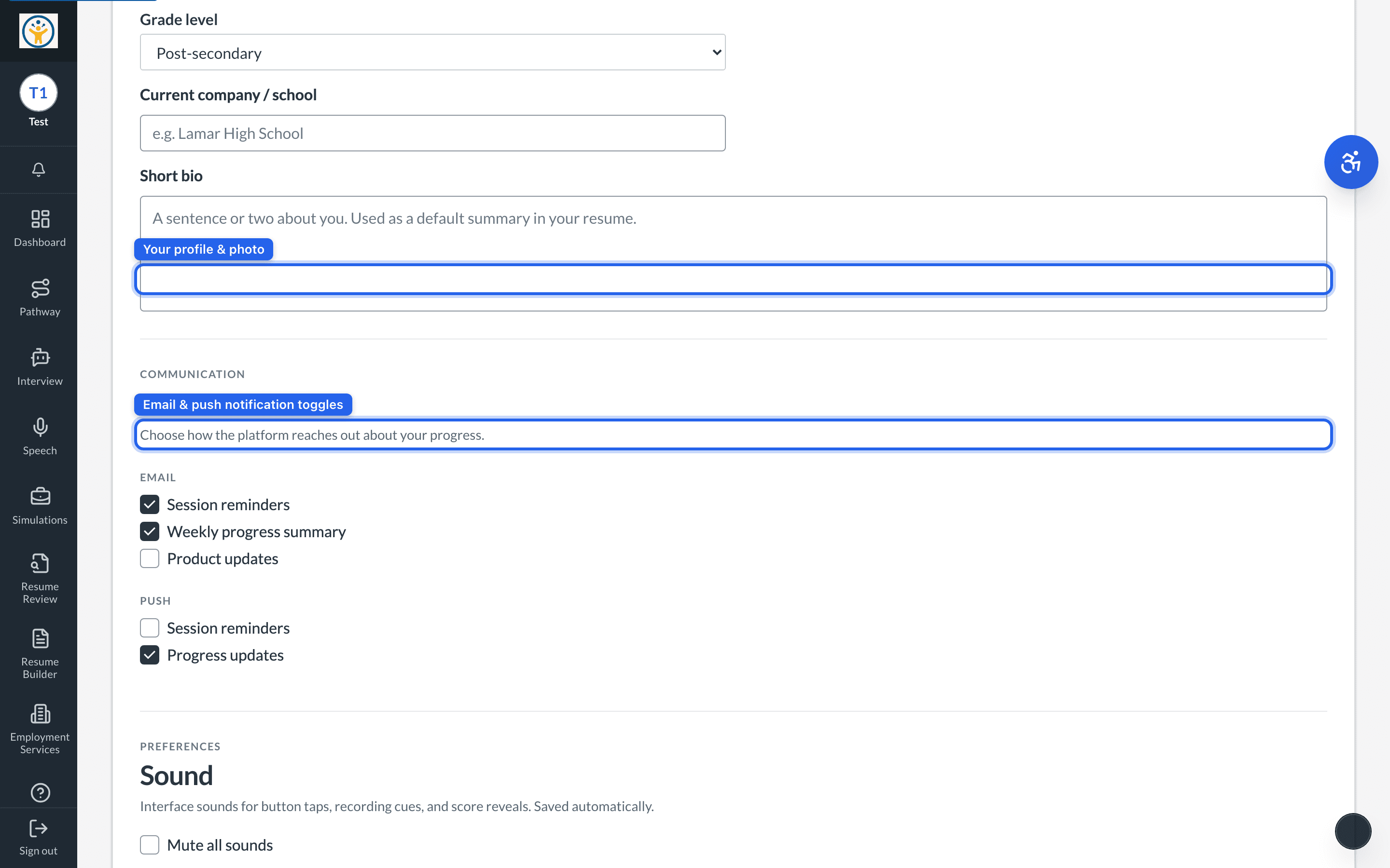 Account settings with profile and notification preferences