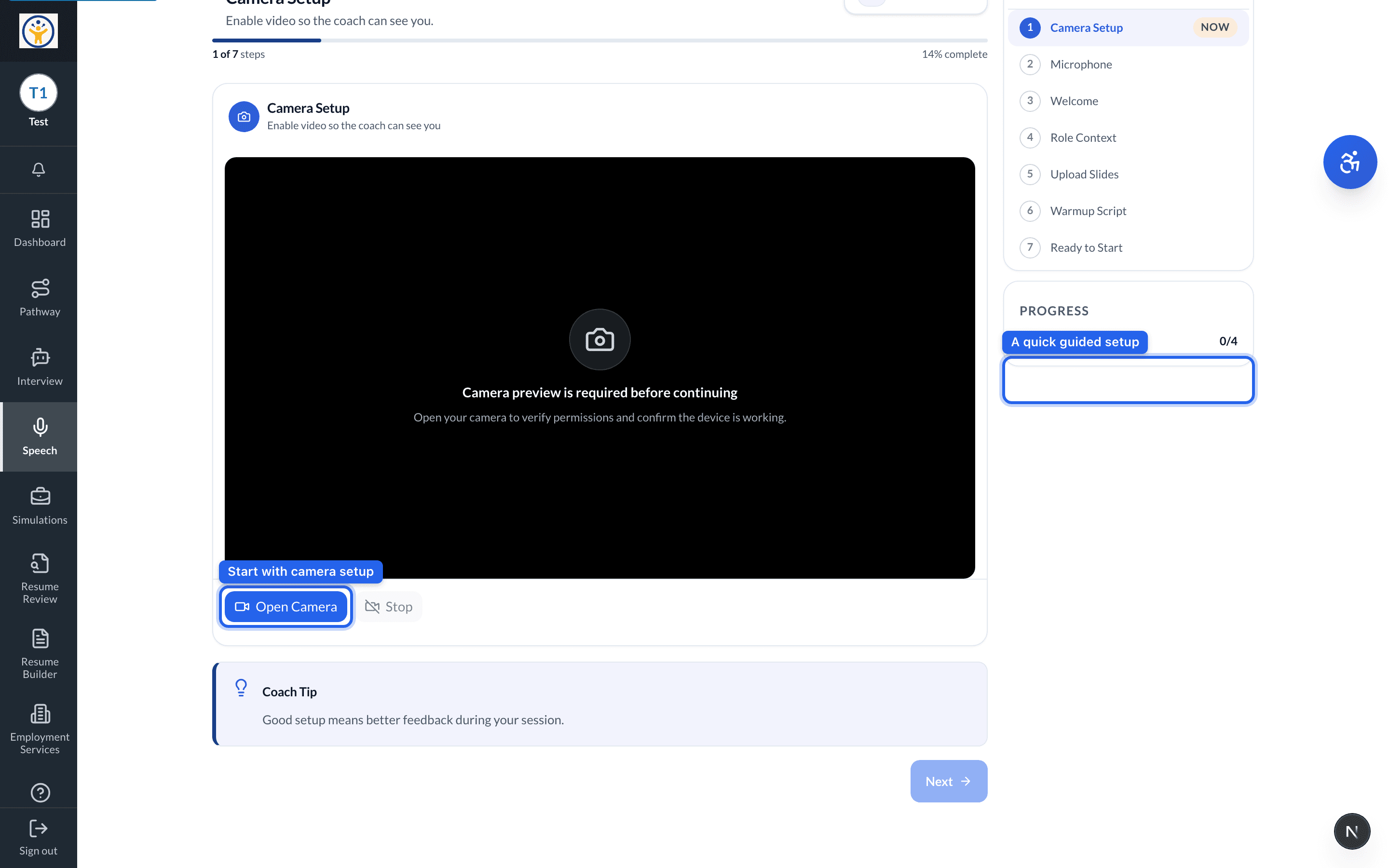 Speech Coach guided setup