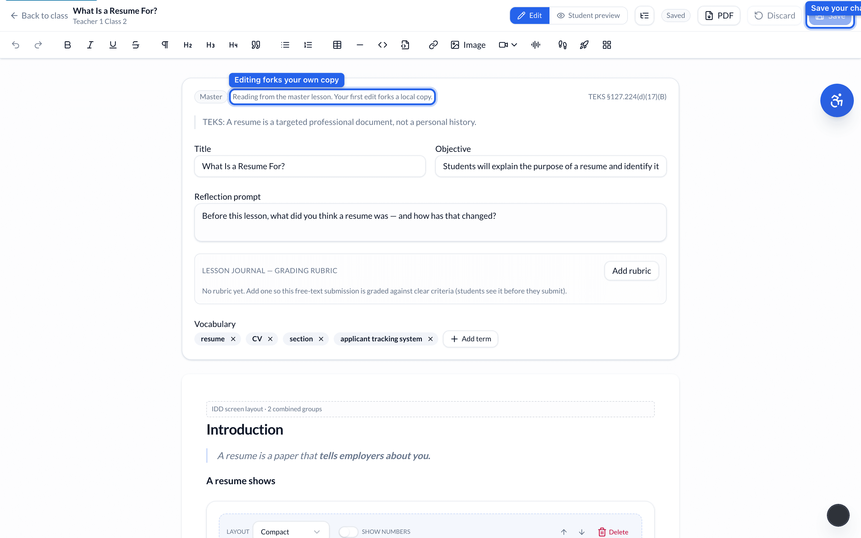 The lesson editor, noting that editing forks a local copy from the master