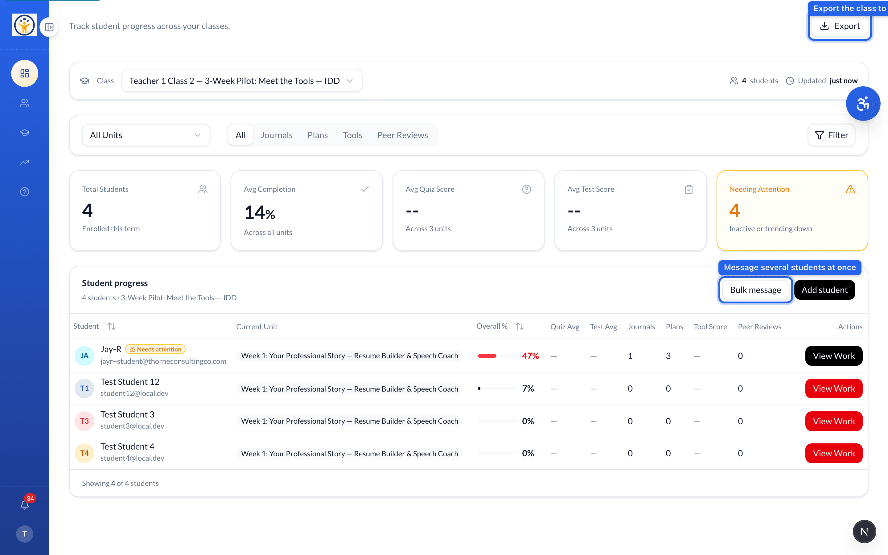 Class progress view with the Bulk message action