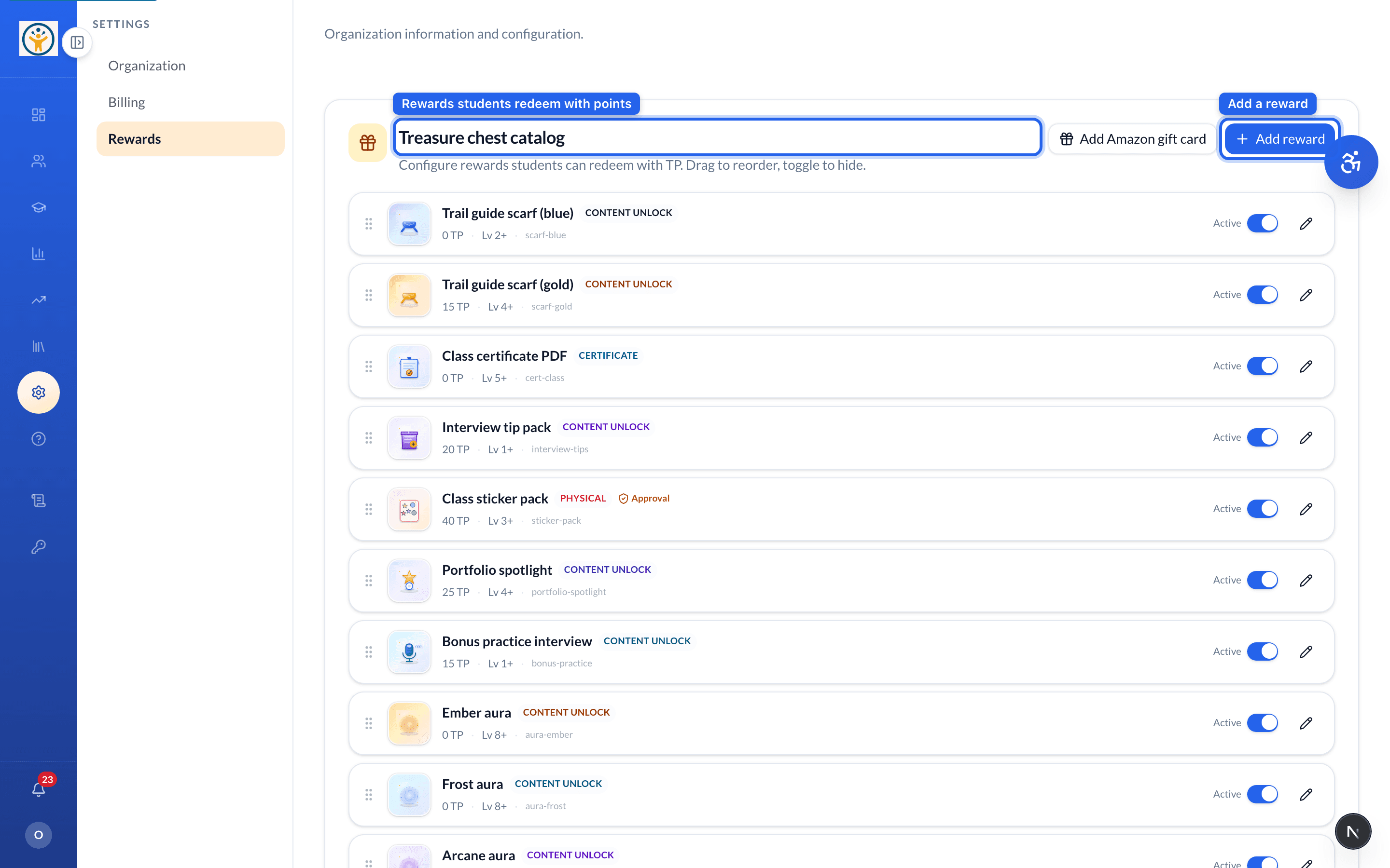 Rewards catalog configuration with gift-card fulfillment