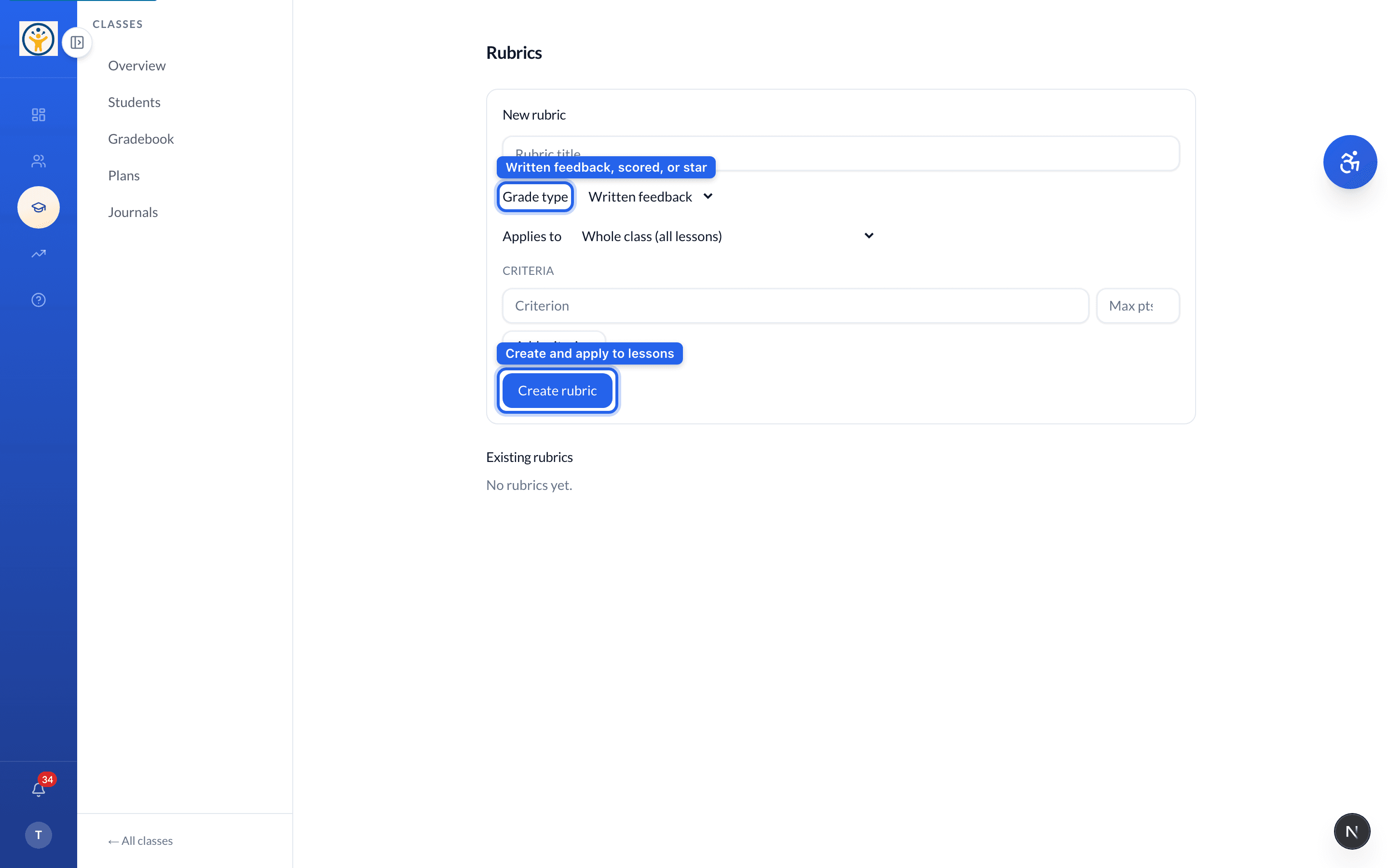 Rubric builder with grade types and lesson scope