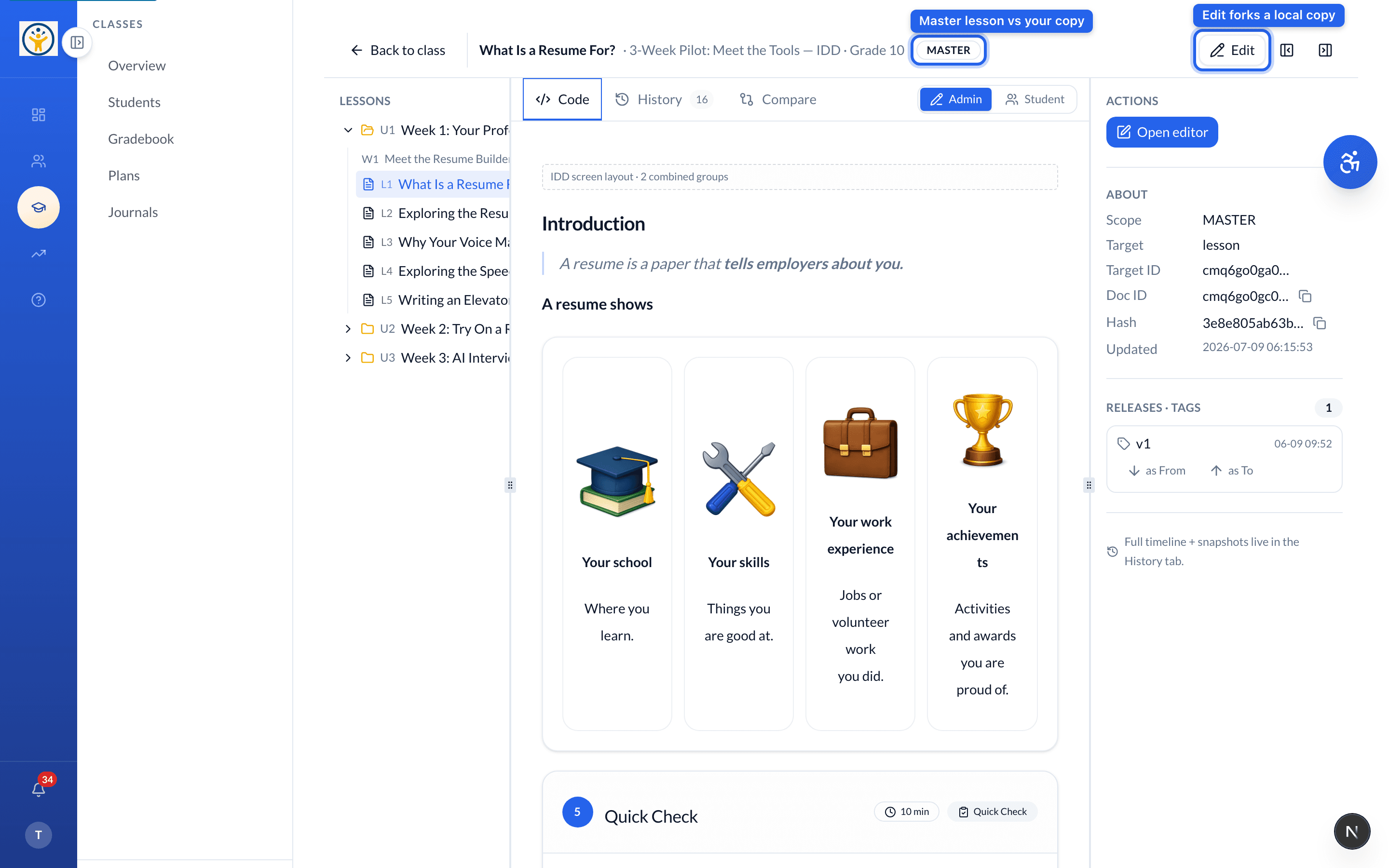 A lesson showing the MASTER badge and version tools